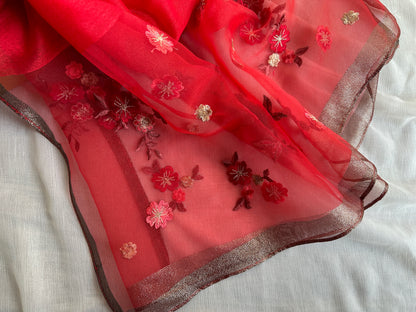 Embroidered Organza- Luxury Hijabs- Red