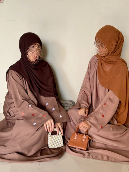 Qalb- Embroidered hearts Abaya- Coffee Brown