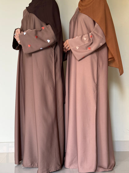 Qalb- Embroidered hearts Abaya- Almond