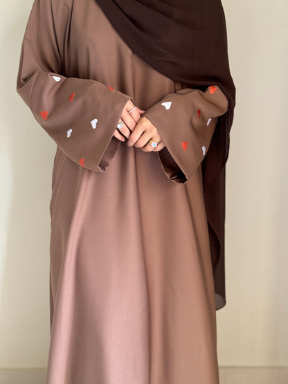 Qalb- Embroidered hearts Abaya- Coffee Brown