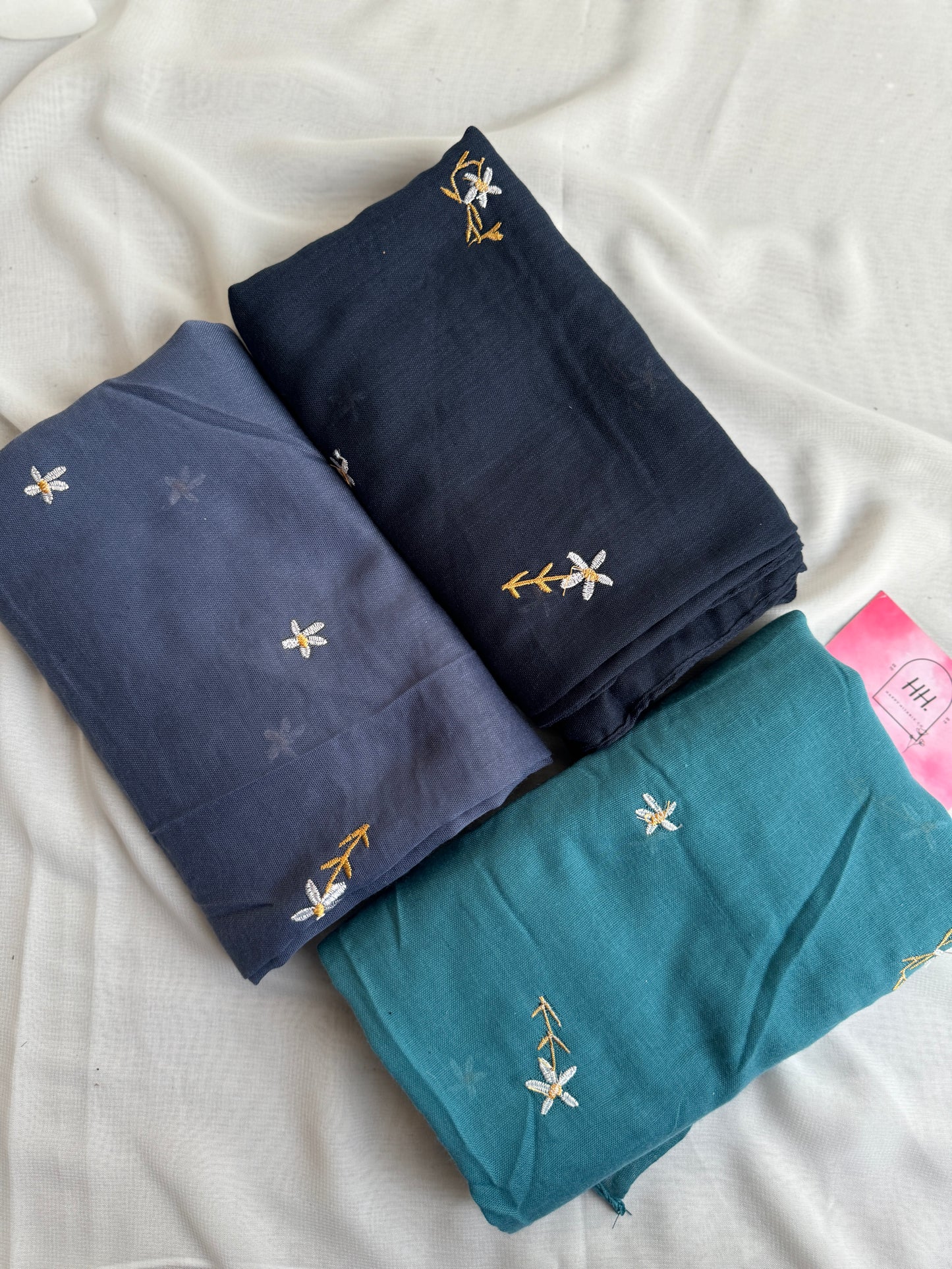 Embroidered Floral Hijabs- Navy Blue