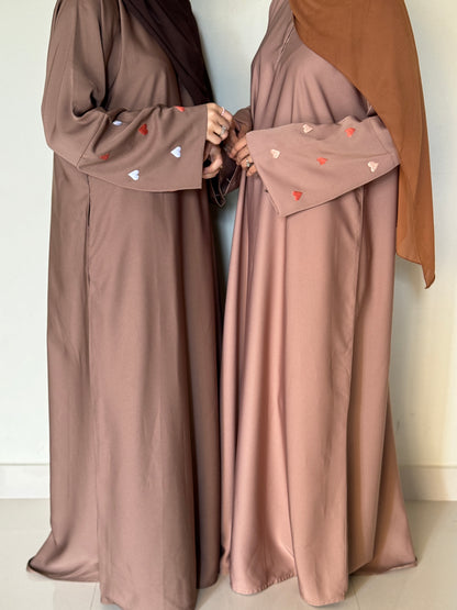 Qalb- Embroidered hearts Abaya- Almond