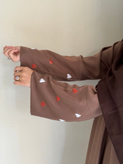 Qalb- Embroidered hearts Abaya- Coffee Brown