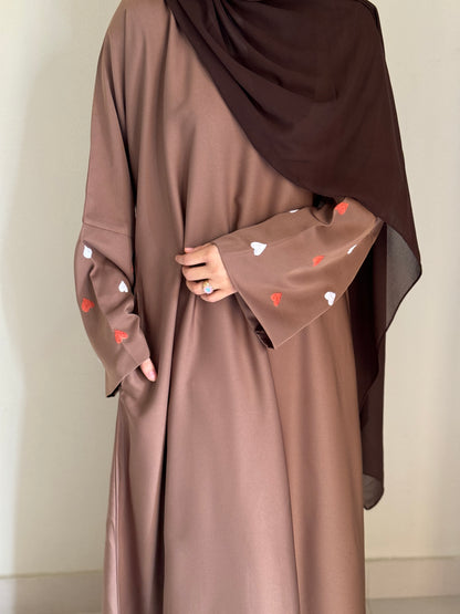 Qalb- Embroidered hearts Abaya- Coffee Brown