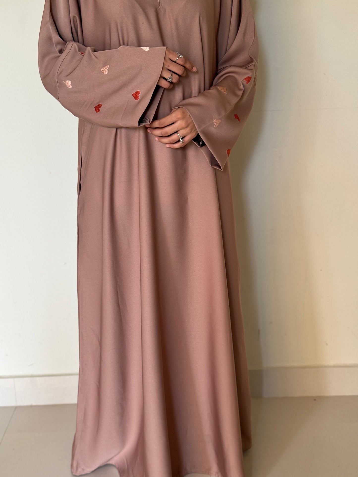 Qalb- Embroidered hearts Abaya- Almond