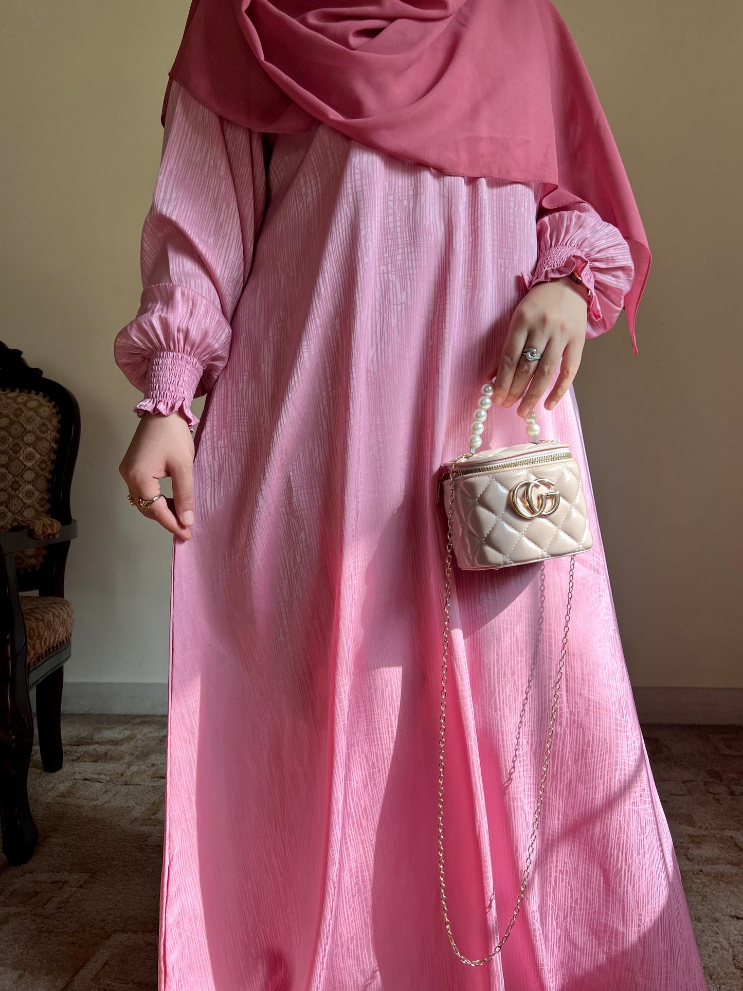 Blush Pink- Self Print Sheen Nida Abaya