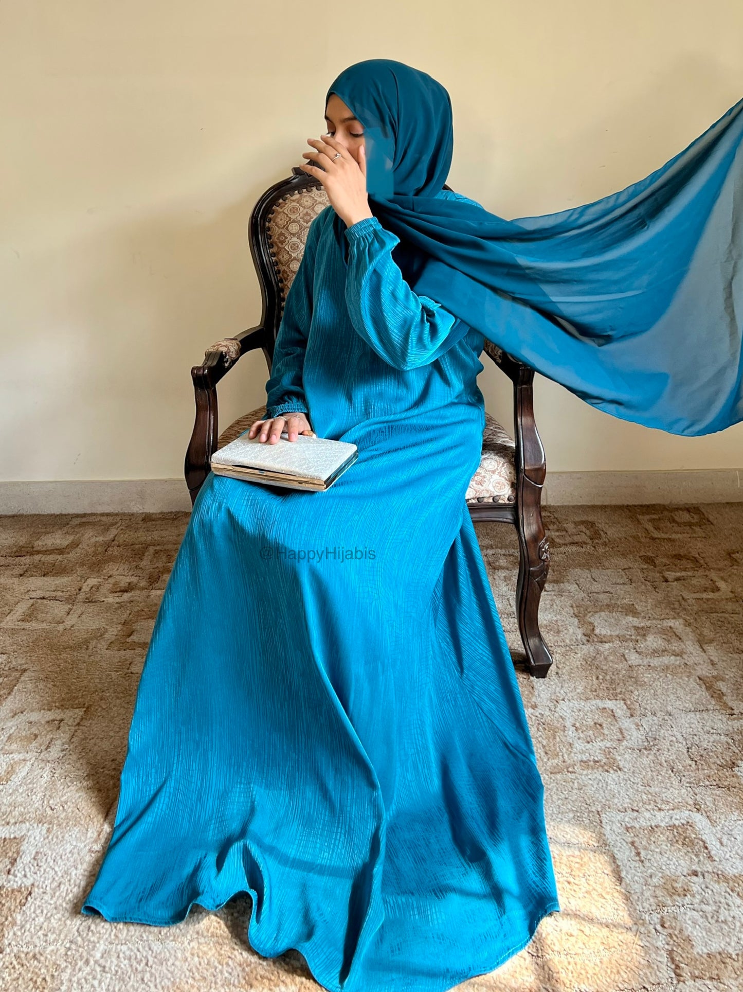 Teal Tales- Self Print Sheen Nida Abaya