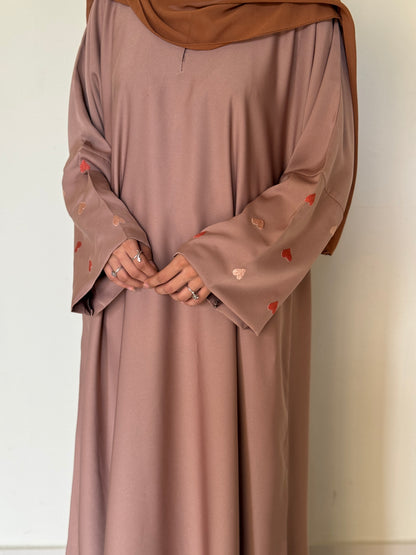 Qalb- Embroidered hearts Abaya- Almond