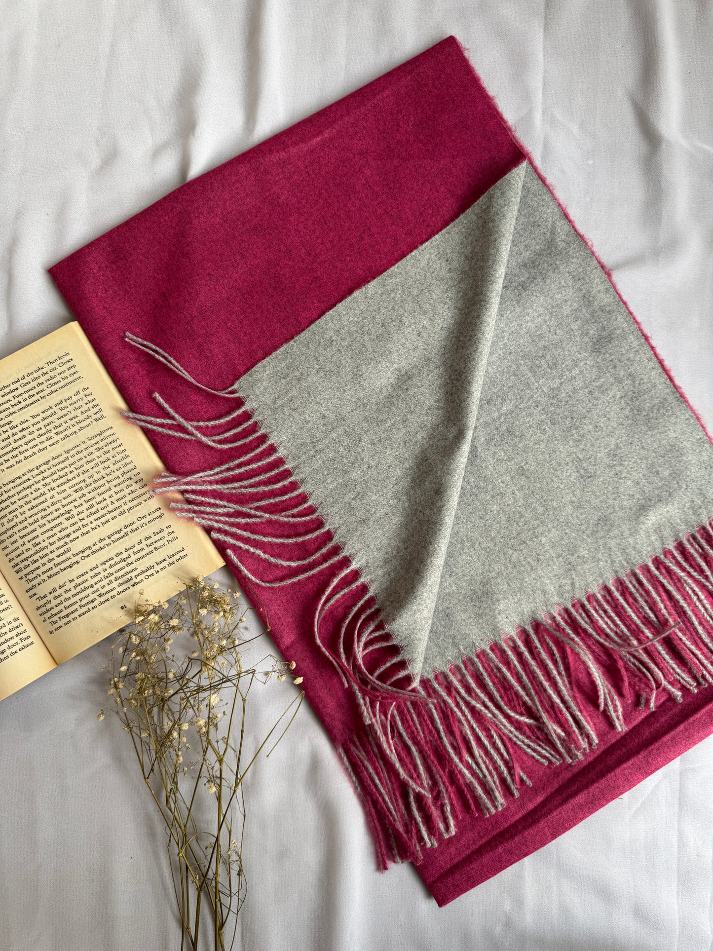 Reversible Woollen Pashmina- Bright Pink+Grey