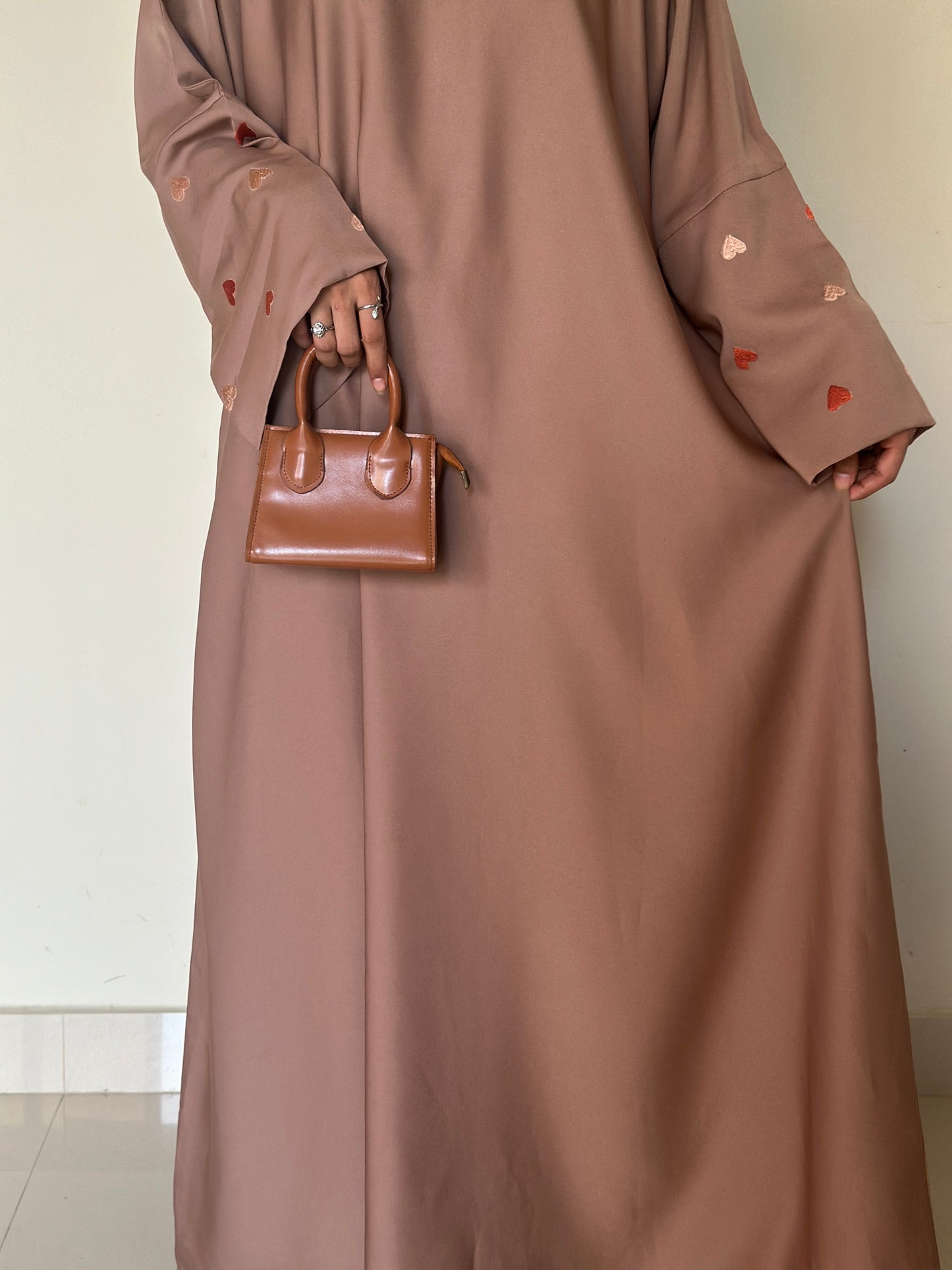 Qalb- Embroidered hearts Abaya- Almond