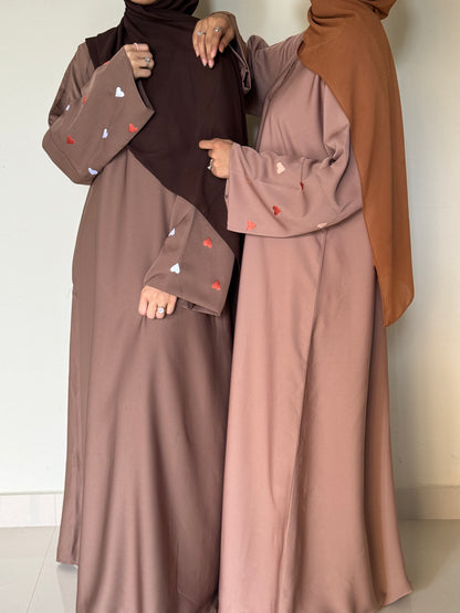 Qalb- Embroidered hearts Abaya- Coffee Brown