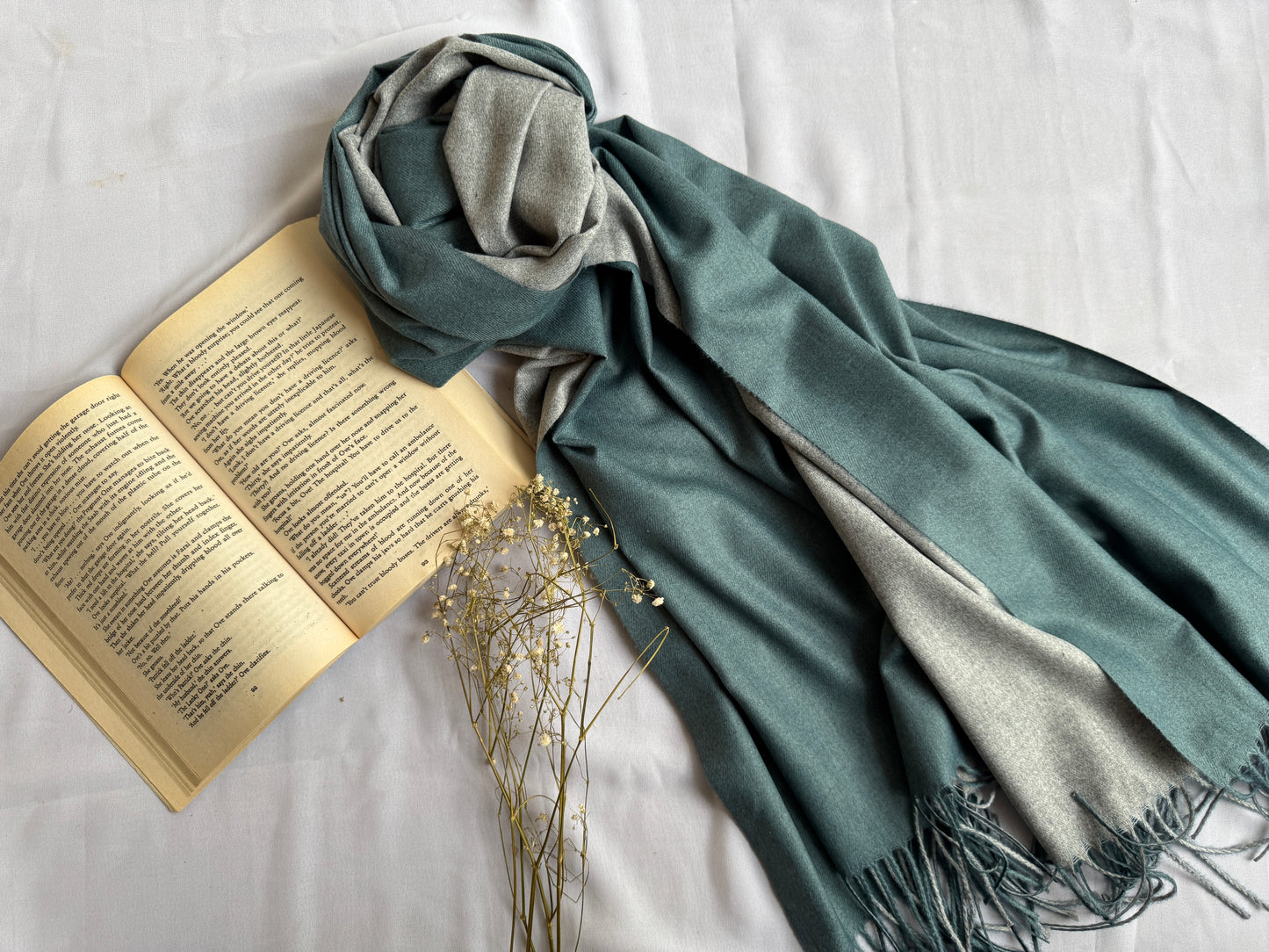 Reversible Woollen Pashmina- Sage Green+Grey