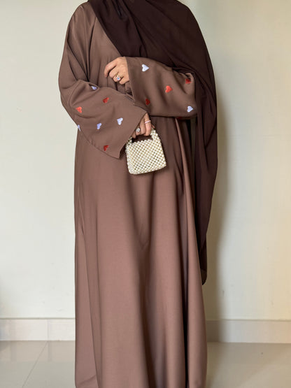 Qalb- Embroidered hearts Abaya- Coffee Brown