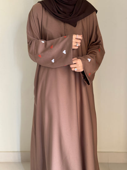 Qalb- Embroidered hearts Abaya- Coffee Brown