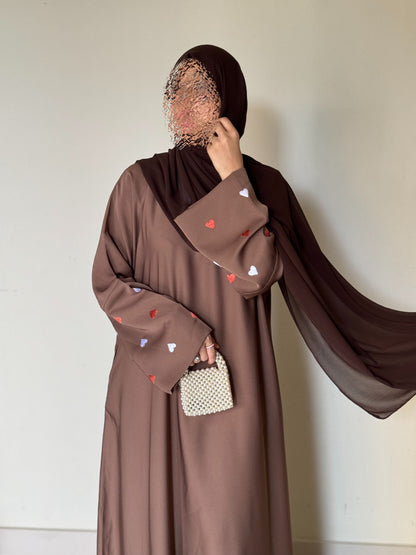 Qalb- Embroidered hearts Abaya- Coffee Brown