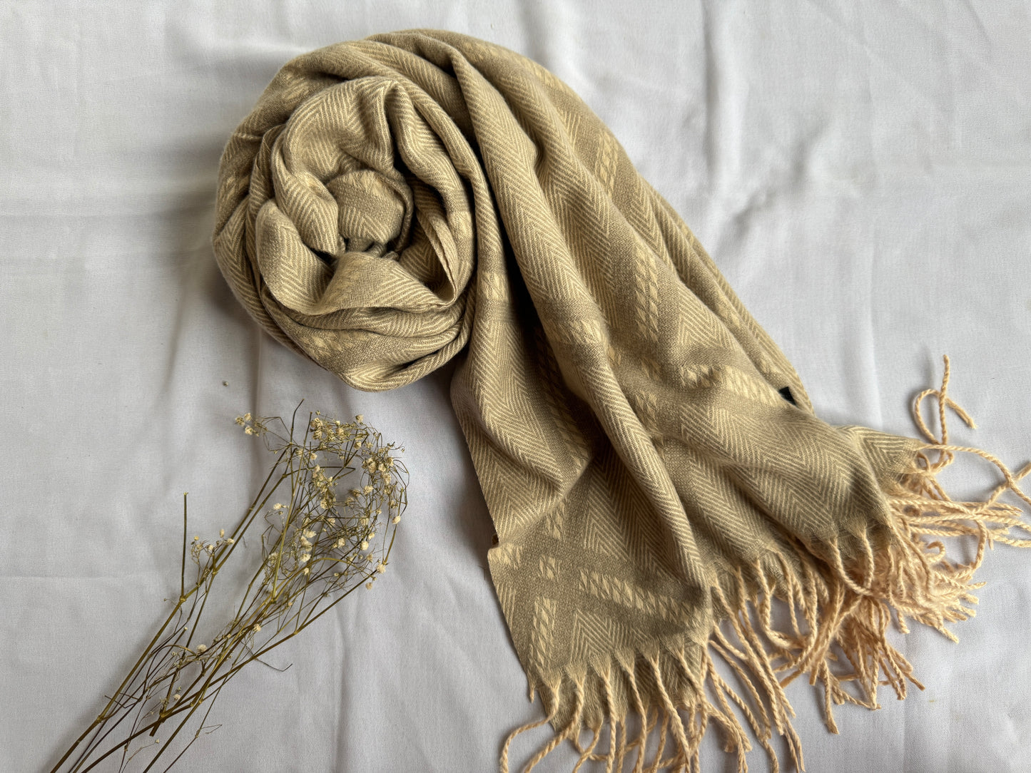 Woolen Pashmina-Criss Cross Print- Oat-Beige