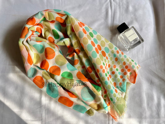 Printed Lawn hijab- Polka dots- Green Orange