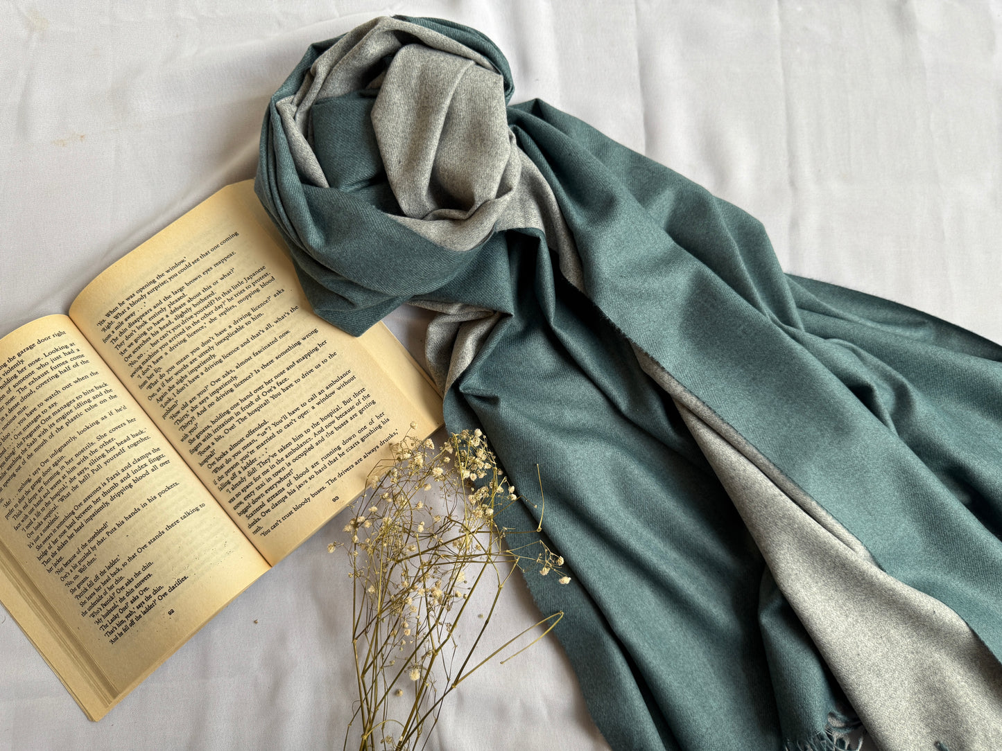 Reversible Woollen Pashmina- Sage Green+Grey