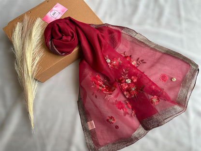 Embroidered Organza- Luxury Hijabs-Maroon