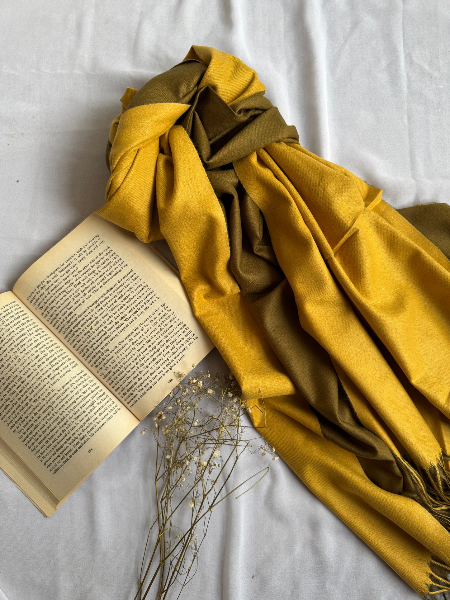 Reversible Woollen Pashmina- Mustard+Olive