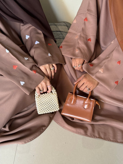 Qalb- Embroidered hearts Abaya- Coffee Brown