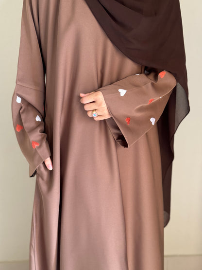 Qalb- Embroidered hearts Abaya- Coffee Brown