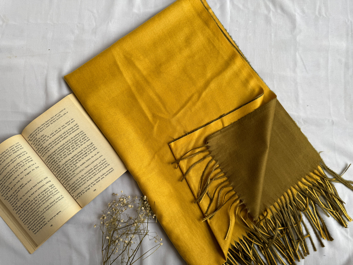 Reversible Woollen Pashmina- Mustard+Olive