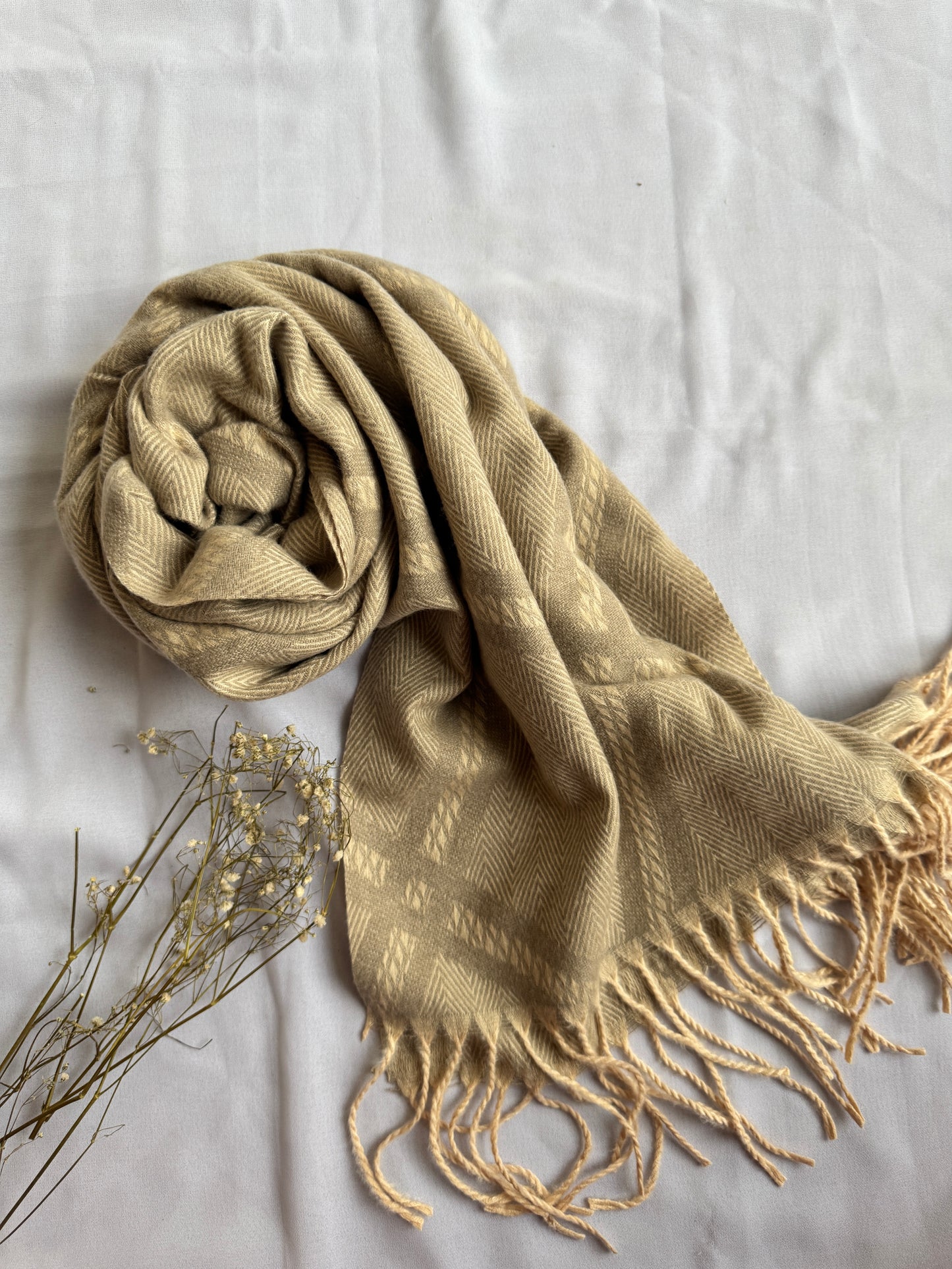 Woolen Pashmina-Criss Cross Print- Oat-Beige