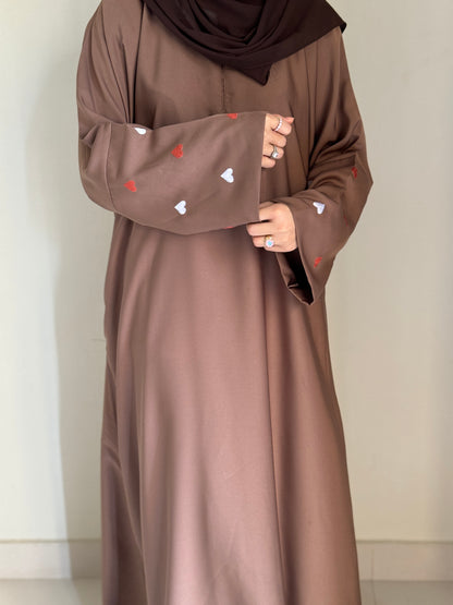 Qalb- Embroidered hearts Abaya- Coffee Brown