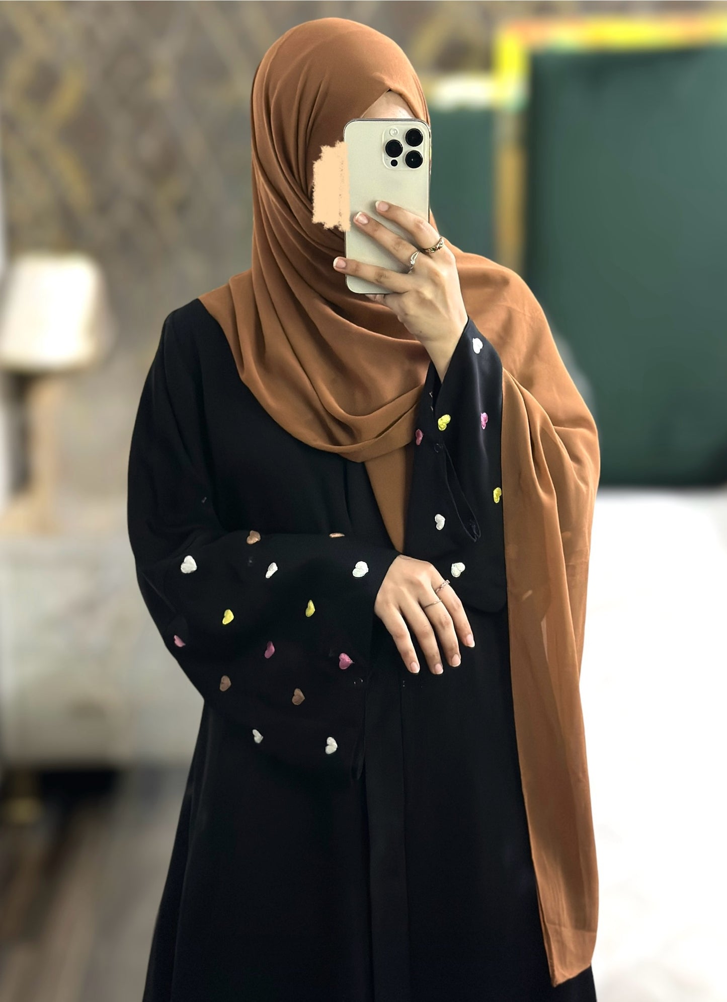 Qalb- Embroidered hearts Luxury Crinkle Nida Abaya- Black