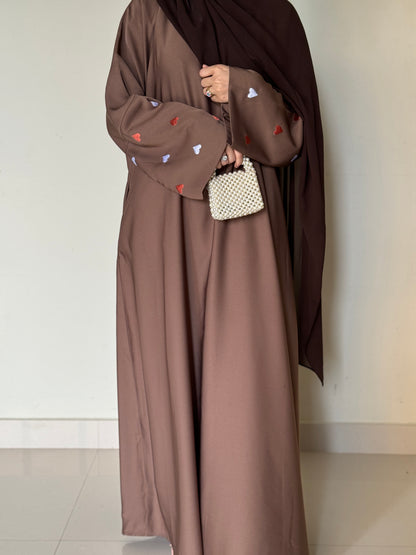 Qalb- Embroidered hearts Abaya- Coffee Brown