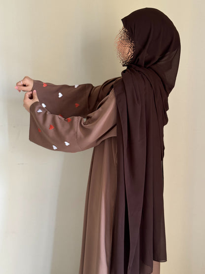 Qalb- Embroidered hearts Abaya- Coffee Brown