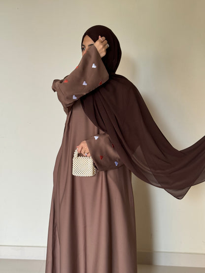 Qalb- Embroidered hearts Abaya- Coffee Brown