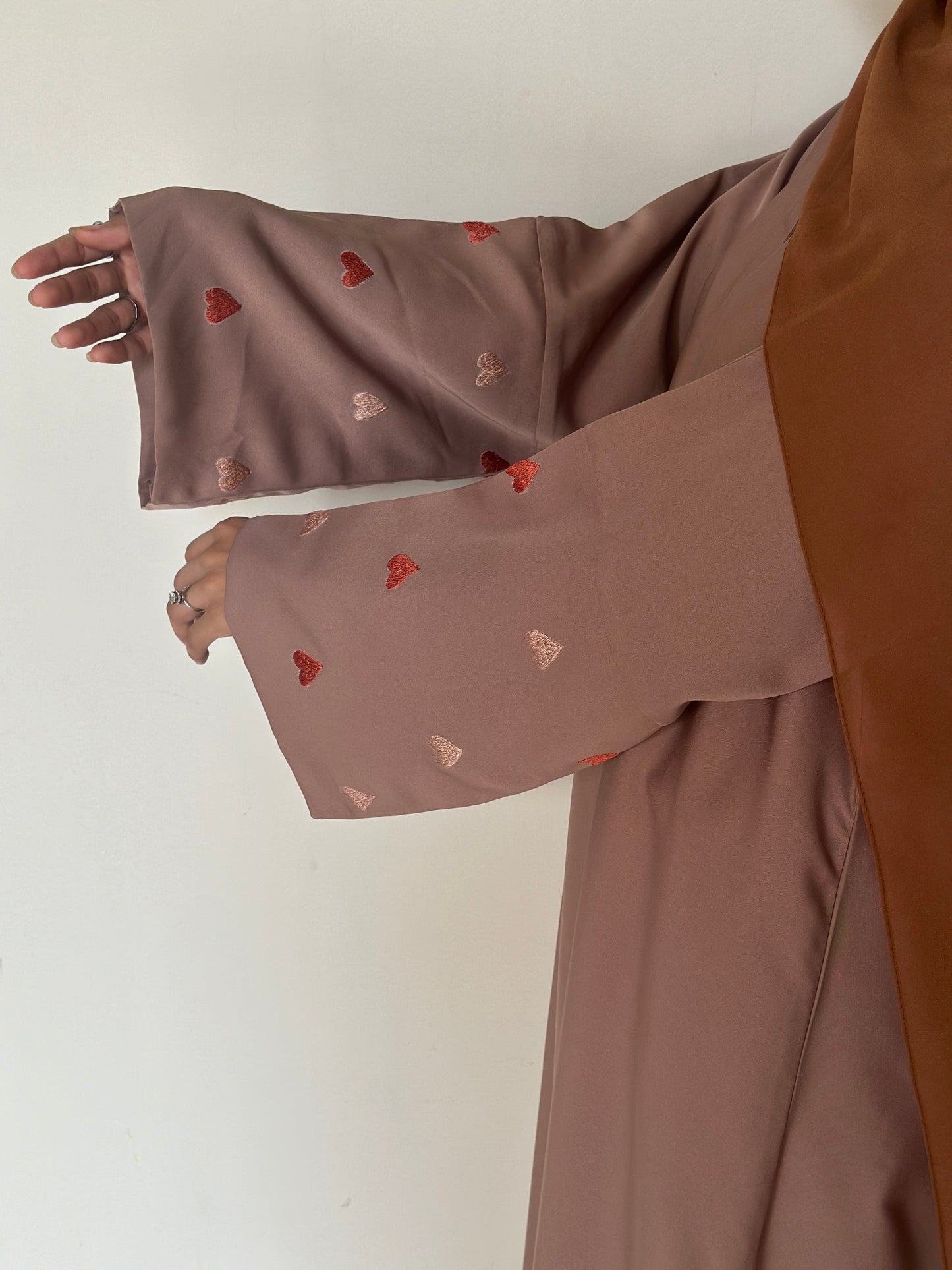 Qalb- Embroidered hearts Abaya- Almond