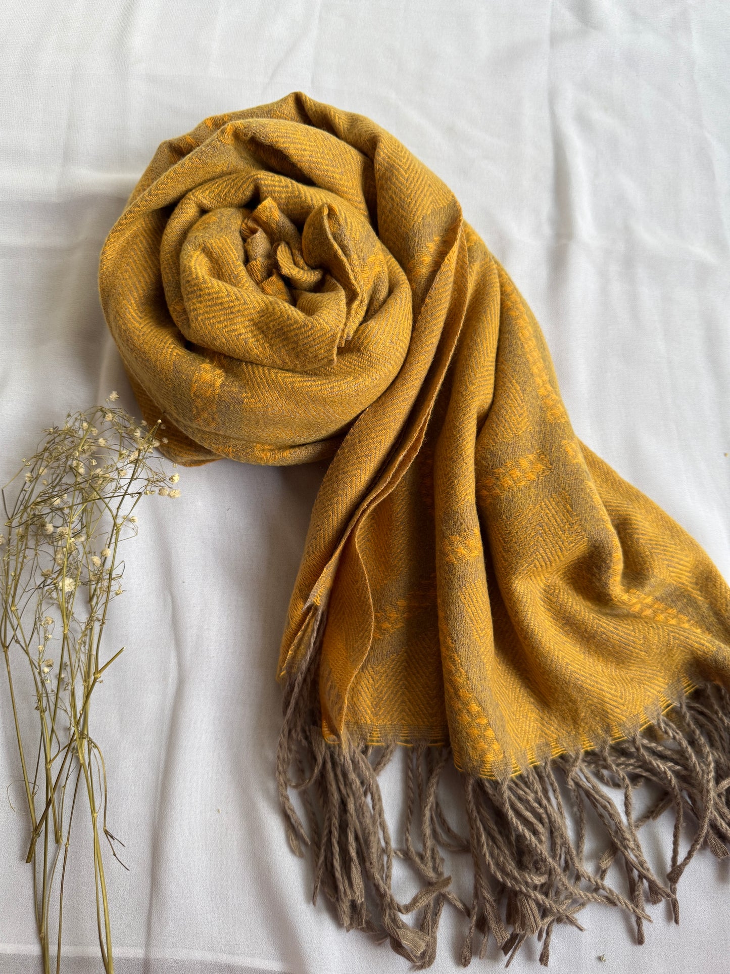 Woolen Pashmina-Criss Cross Print- Mustard- Brown