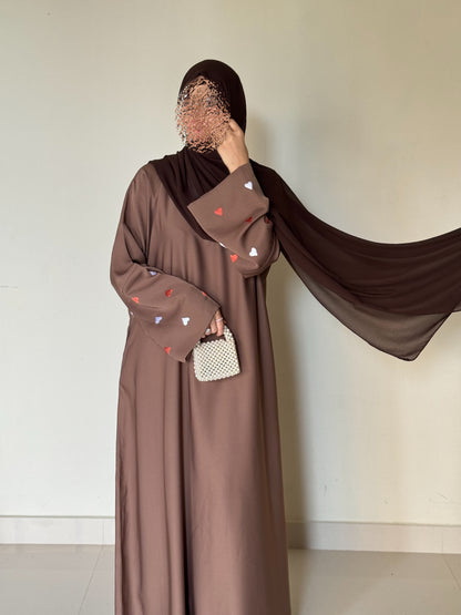 Qalb- Embroidered hearts Abaya- Coffee Brown