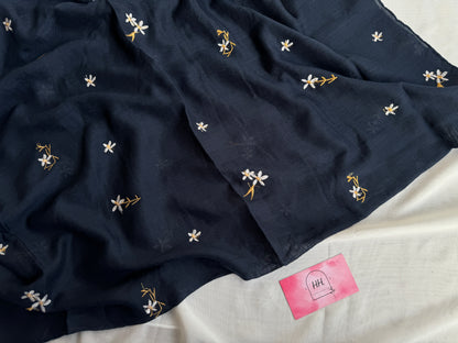 Embroidered Floral Hijabs- Navy Blue