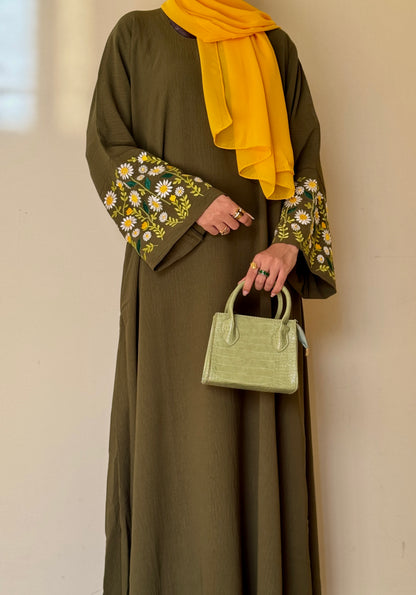 Floral Whisper- Blooming Olive Abaya