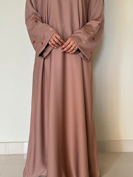 Qalb- Embroidered hearts Abaya- Almond