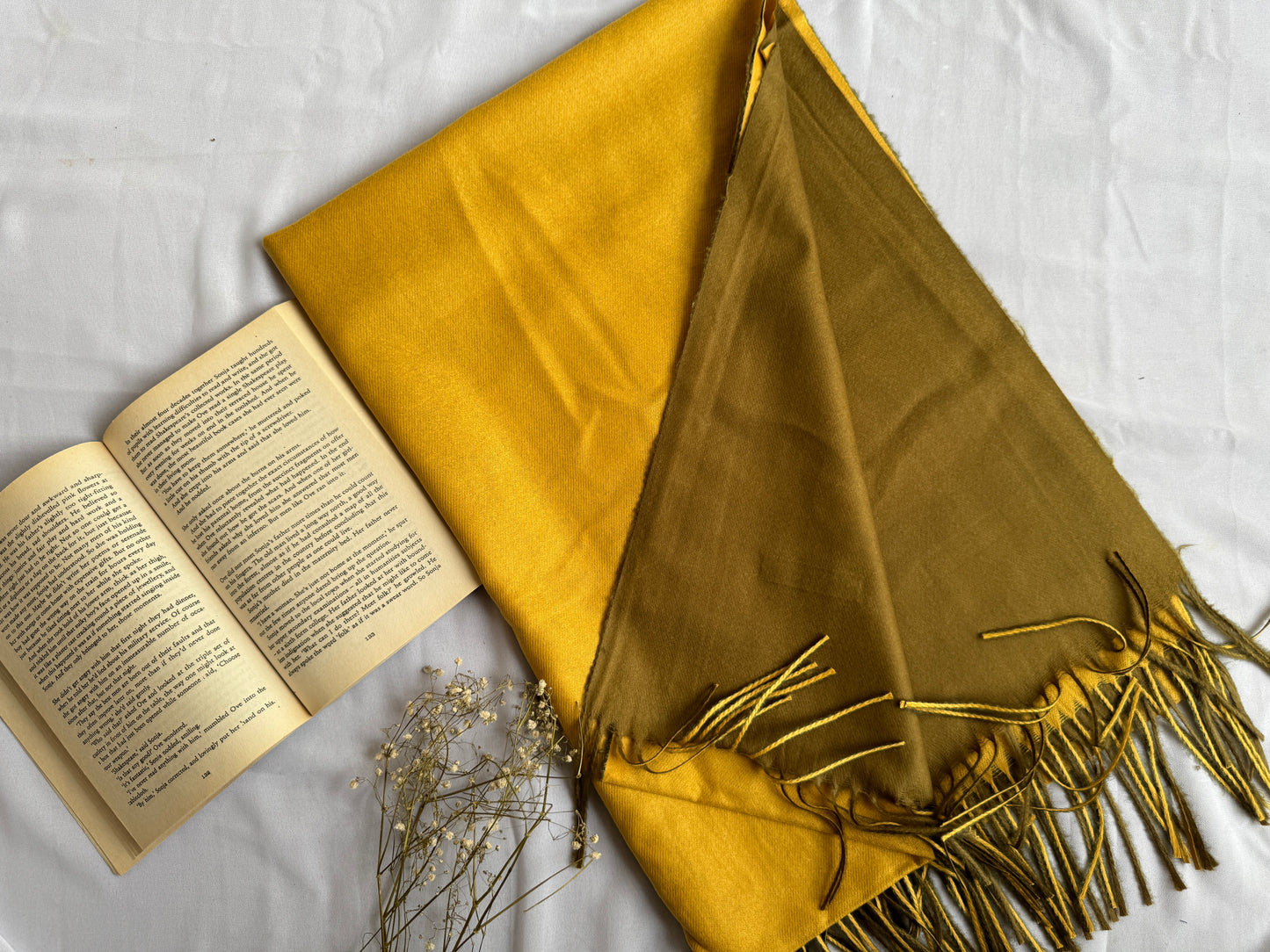 Reversible Woollen Pashmina- Mustard+Olive