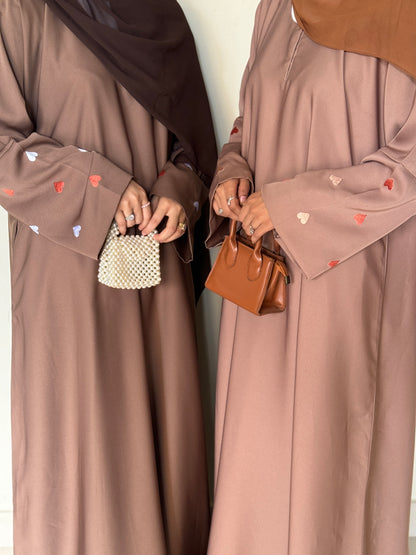 Qalb- Embroidered hearts Abaya- Coffee Brown