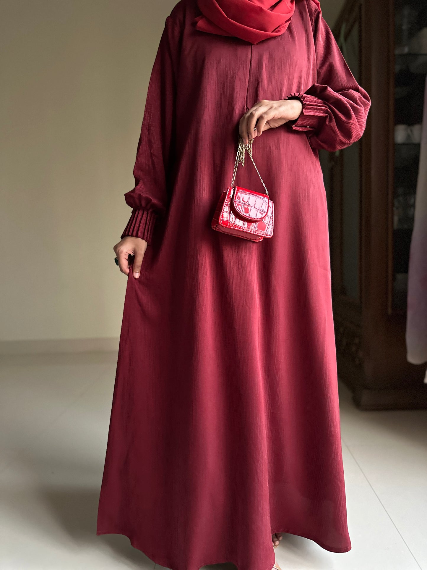 Deep Maroon - Self Print Sheen Nida Abaya