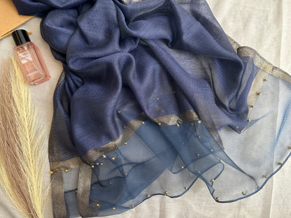 Golden Beaded Organza- Navy Blue- Luxury Hijabs